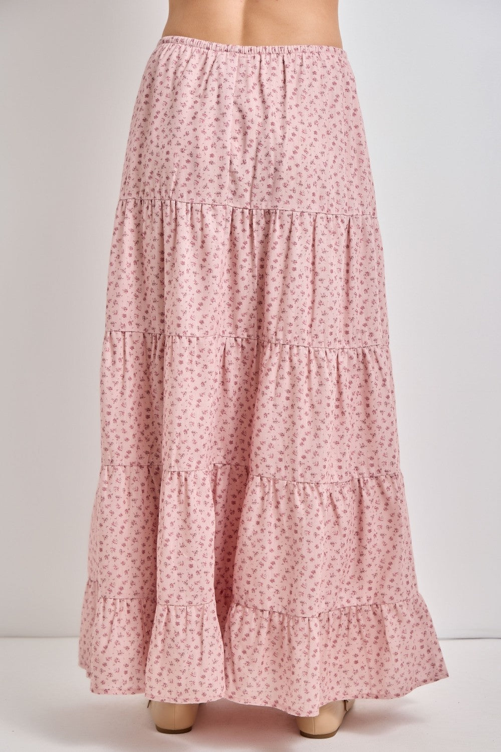 Blush Floral Drawstring Tiered Maxi Skirt