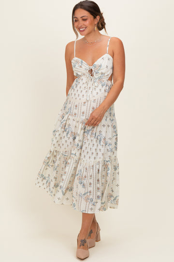 Ivory Floral Tiered Front Tie Maternity Midi Dress