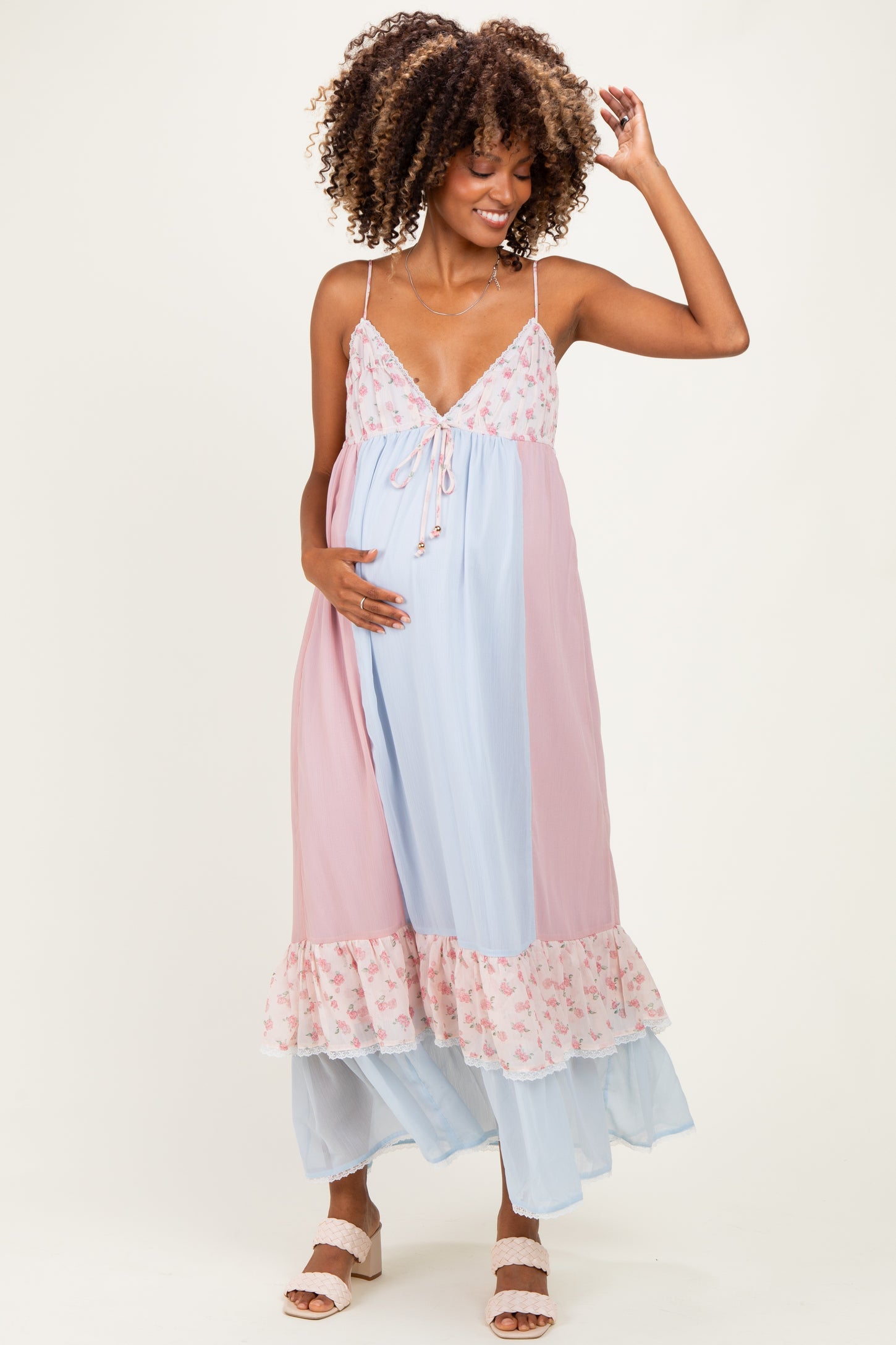 Light Blue Floral Colorblock Tiered Ruffle Maternity Maxi Dress
