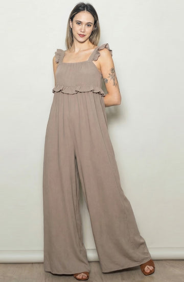Light Mocha Ruffle Strap Wide Leg Jumpsuit