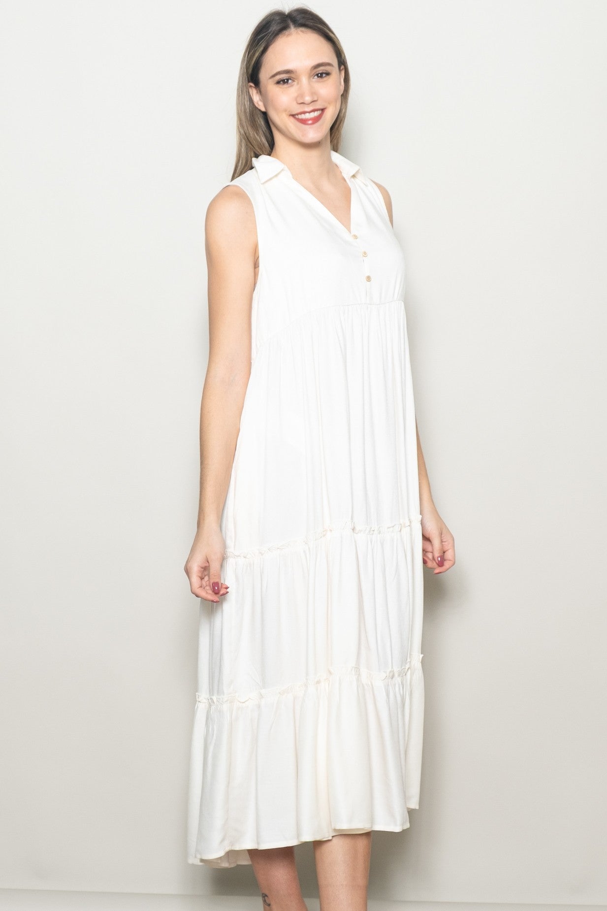 Cream Sleeveless Button Up Tiered Maxi Dress