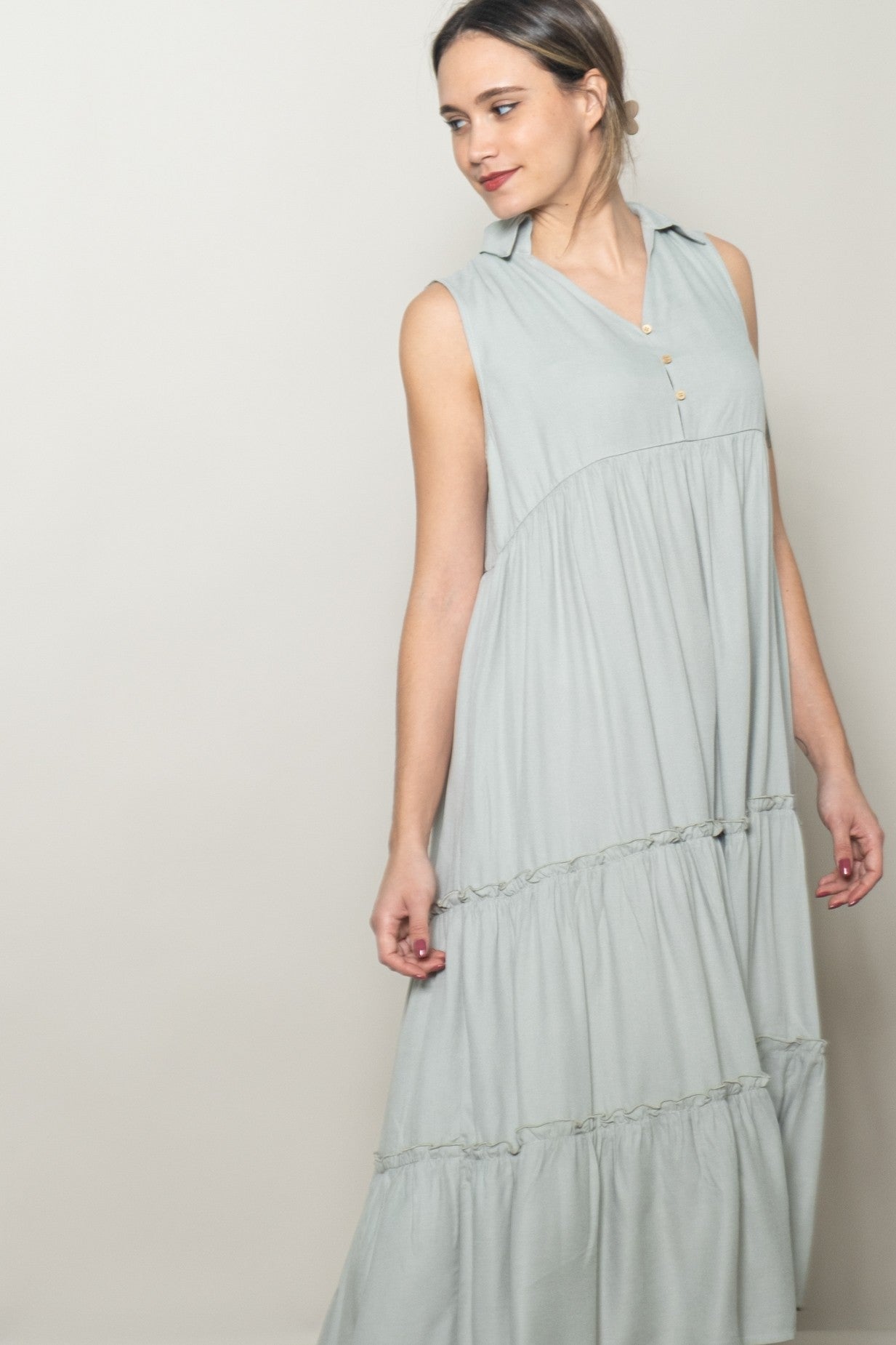 Seafoam Sleeveless Button Up Tiered Maxi Dress