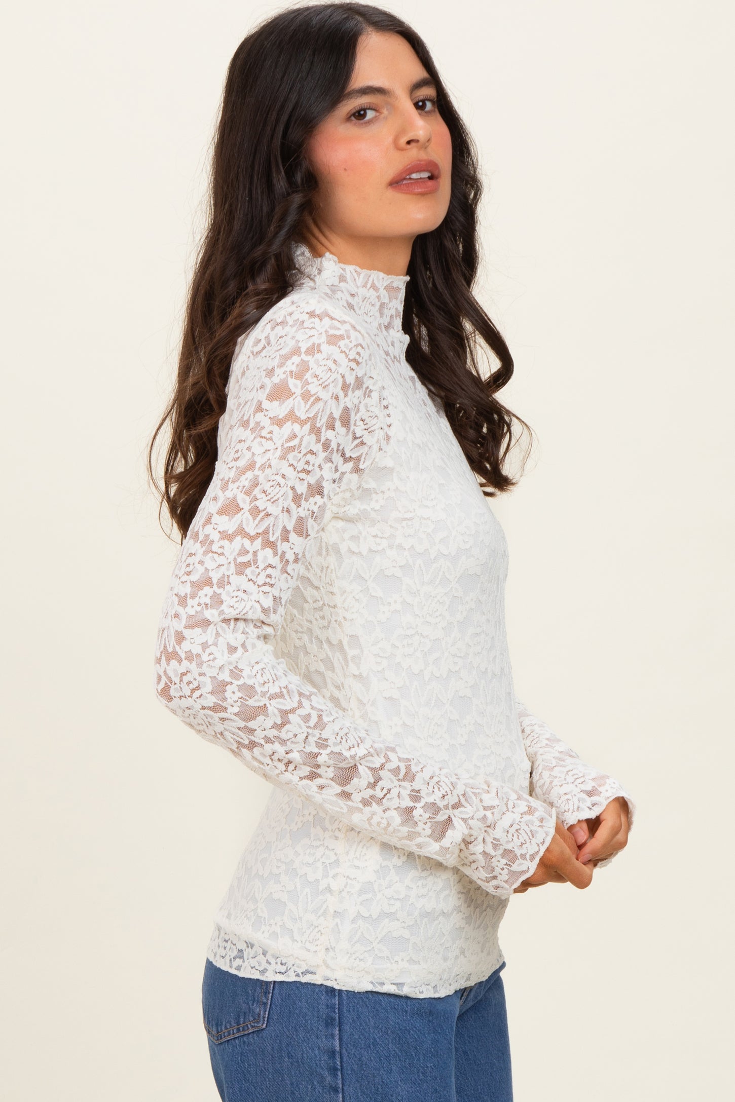 Ivory High Neck Fitted Sheer Lace Top