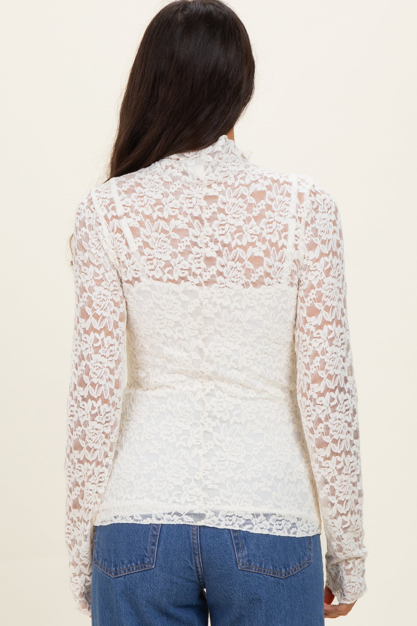 Ivory High Neck Fitted Sheer Lace Top