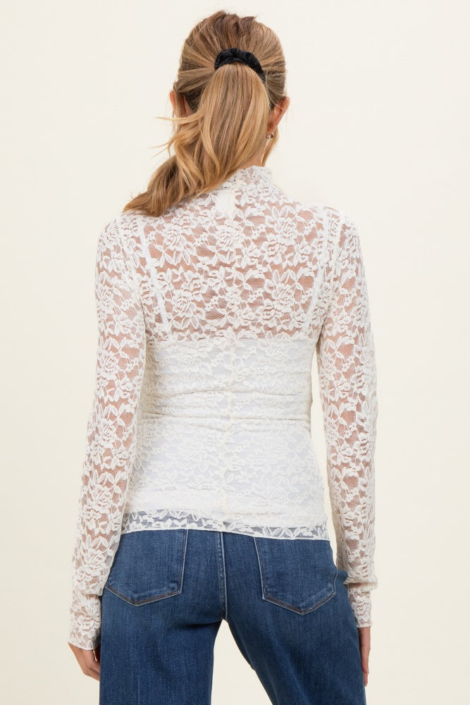 Ivory High Neck Fitted Sheer Lace Maternity Top