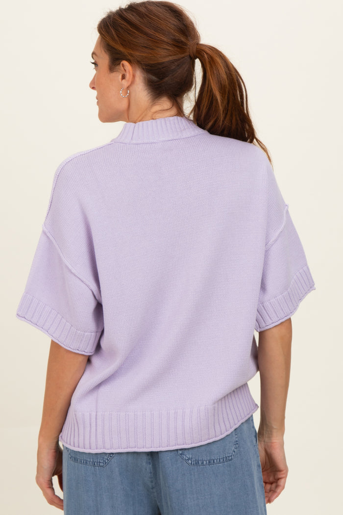 Lavender Oversized Mock Neck Short Sleeve Sweater