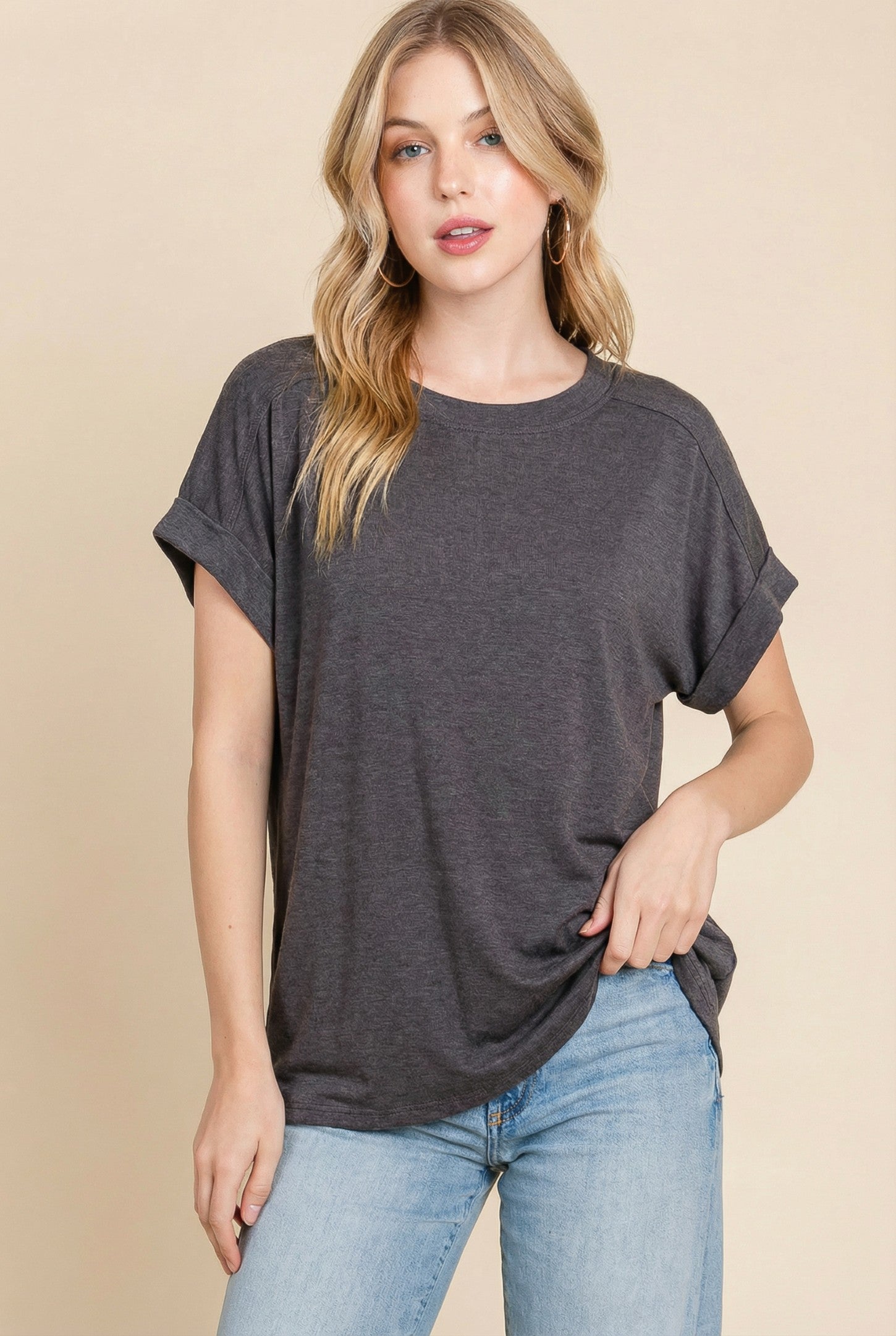 Charcoal Rolled Cuff Sleeve Relaxed Fit Maternity Tee