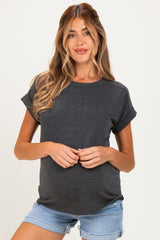 Charcoal Rolled Cuff Sleeve Relaxed Fit Maternity Tee