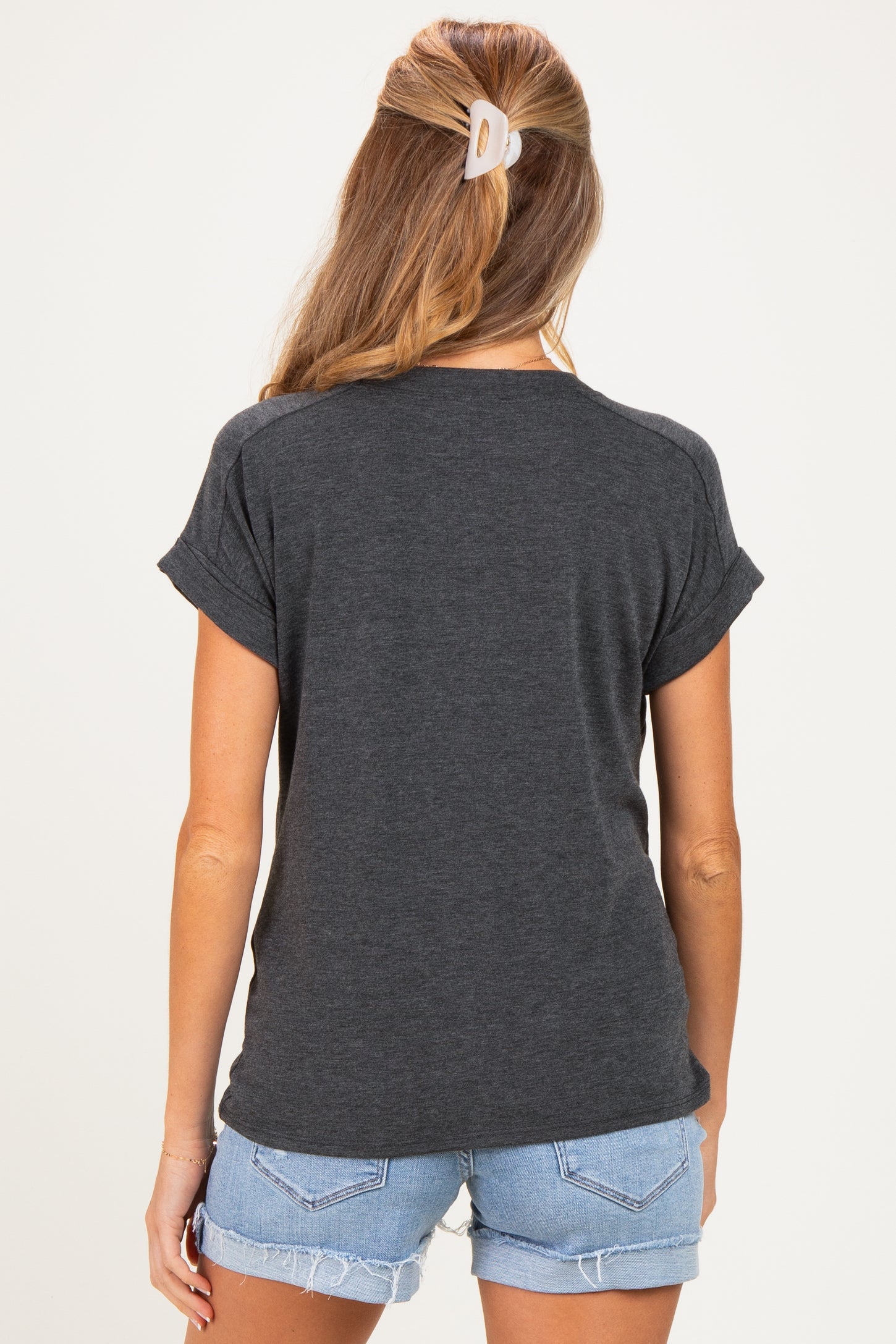Charcoal Rolled Cuff Sleeve Relaxed Fit Maternity Tee