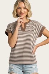 Mocha Striped Contrast Trim Maternity Top