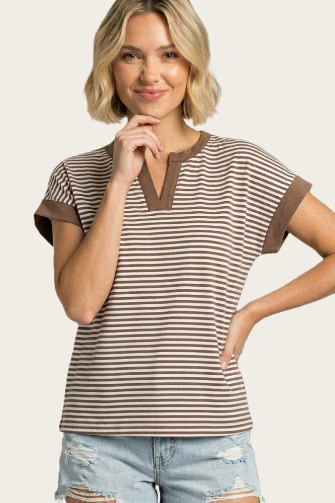 Mocha Striped Contrast Trim Top