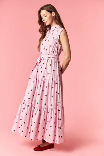 Light Pink Polka Dot Sleeveless Poplin Shirt Dress