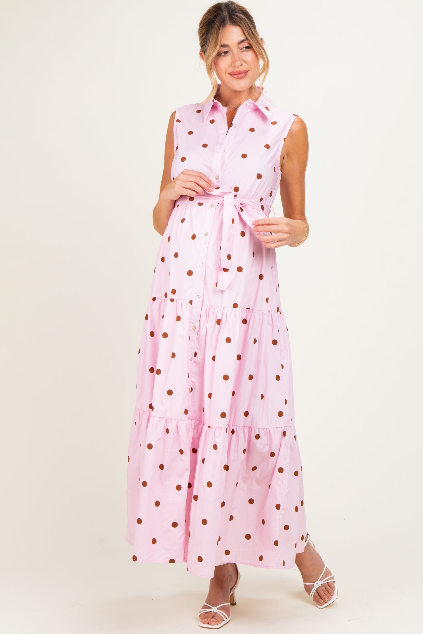 Light Pink Polka Dot Sleeveless Poplin Maternity Shirt Dress