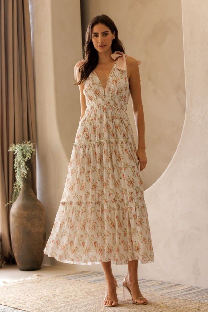 White Floral Shoulder Tie Deep V-Neck Tiered Maxi Dress
