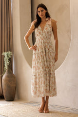 White Floral Shoulder Tie Deep V-Neck Tiered Maxi Dress