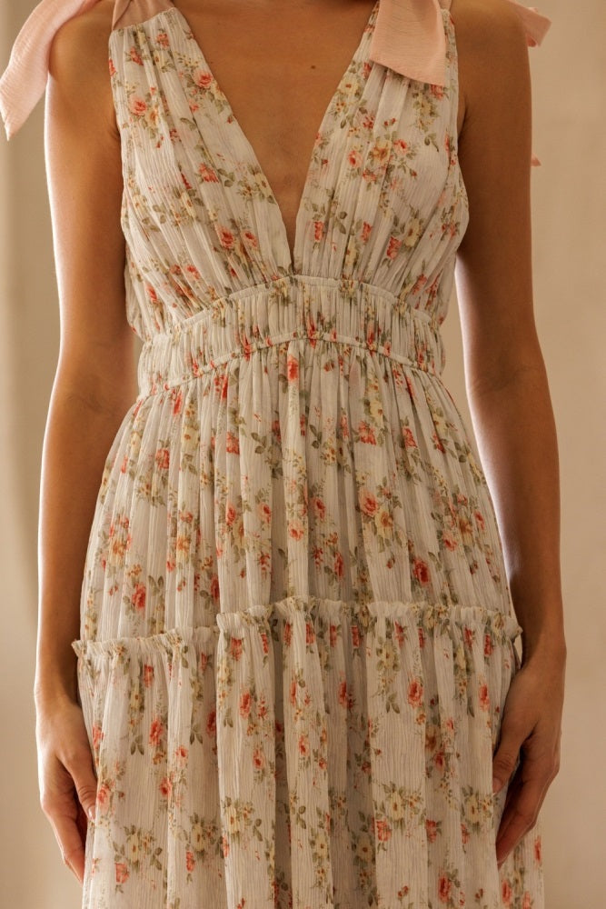 White Floral Shoulder Tie Deep V-Neck Tiered Maxi Dress