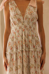 White Floral Shoulder Tie Deep V-Neck Tiered Maxi Dress