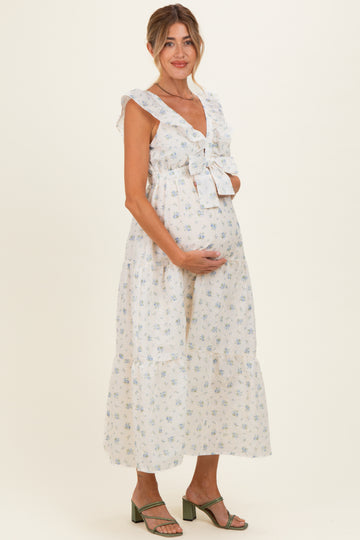 Cream Floral Front Bow Open Back Maternity Midi Dress