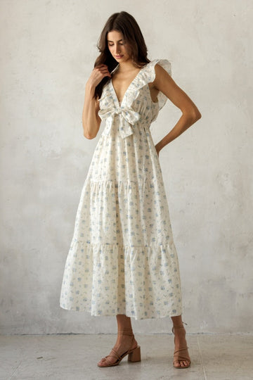 Cream Floral Front Bow Open Back Midi Dress
