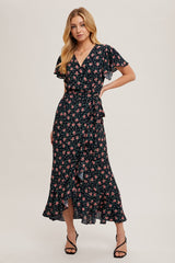 Red Floral Ruffled Hem Wrap Maxi Dress