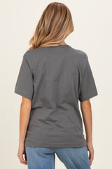 woman wearing a gray maternity t-shirt with short sleeves and a relaxed fit, shown from the back