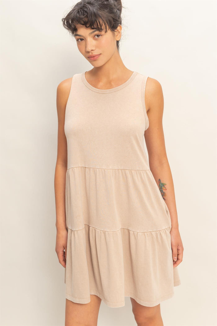 Dark Taupe Sleeveless Crewneck Tiered Maternity Mini Dress