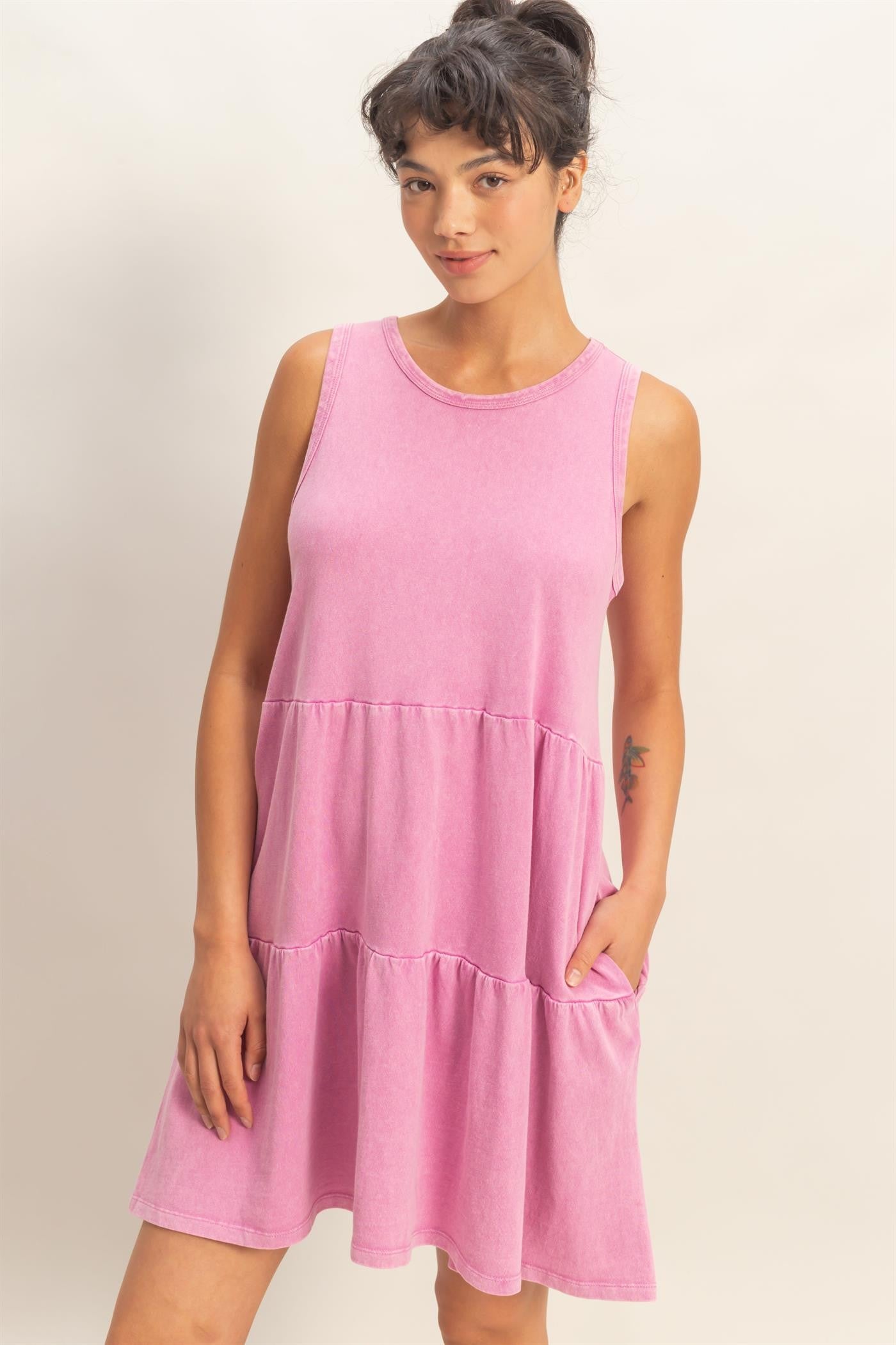 Fuchsia Sleeveless Crewneck Tiered Maternity Mini Dress