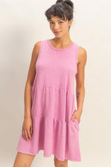 Fuchsia Sleeveless Crewneck Tiered Maternity Mini Dress