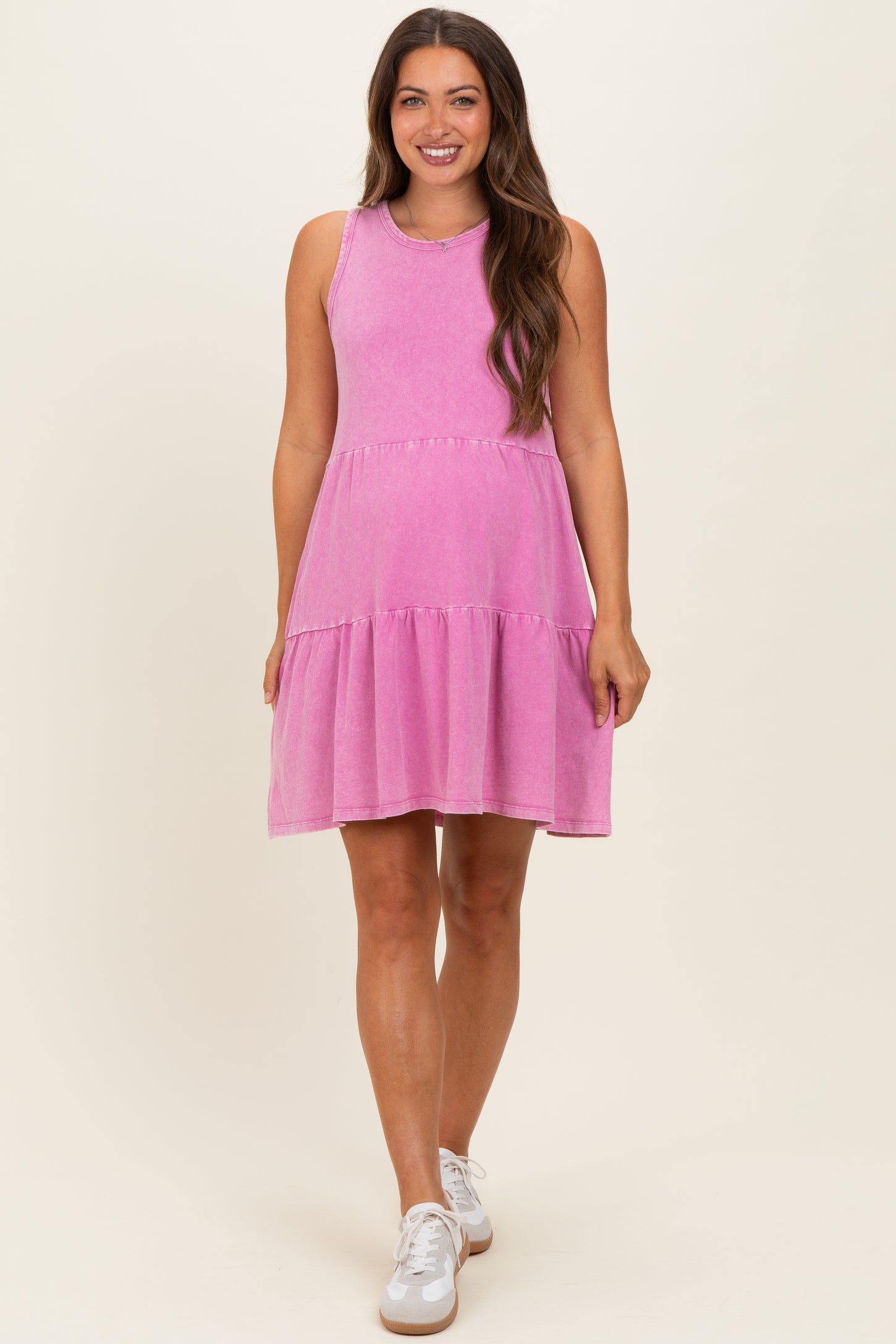 Fuchsia Sleeveless Crewneck Tiered Maternity Mini Dress