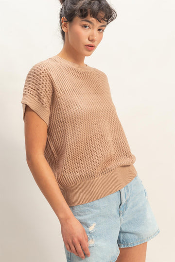 Taupe Open-Knit Dolman Sleeve Top