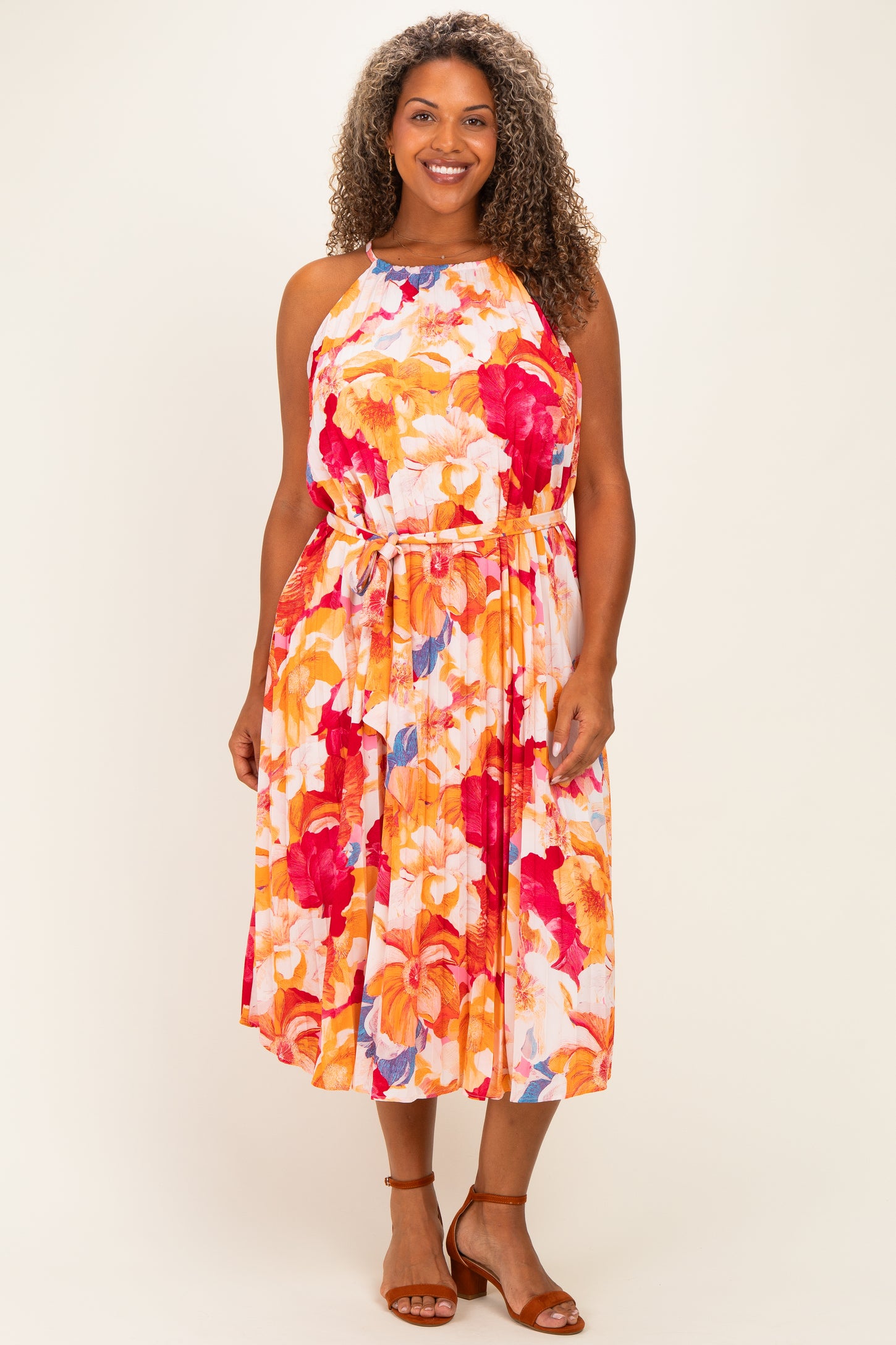 Coral Floral Pleated Maternity Plus Midi Dress