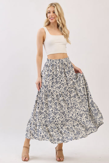 Cream Tiered Floral Print Maxi Skirt