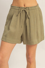 Olive Drawstring Pleated Shorts