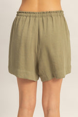 Olive Drawstring Pleated Shorts