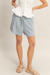 Light Blue Drawstring Pleated Shorts