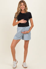 Light Blue Drawstring Pleated Maternity Shorts