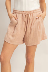 Peach Drawstring Pleated Shorts