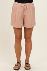 Peach Drawstring Pleated Maternity Shorts