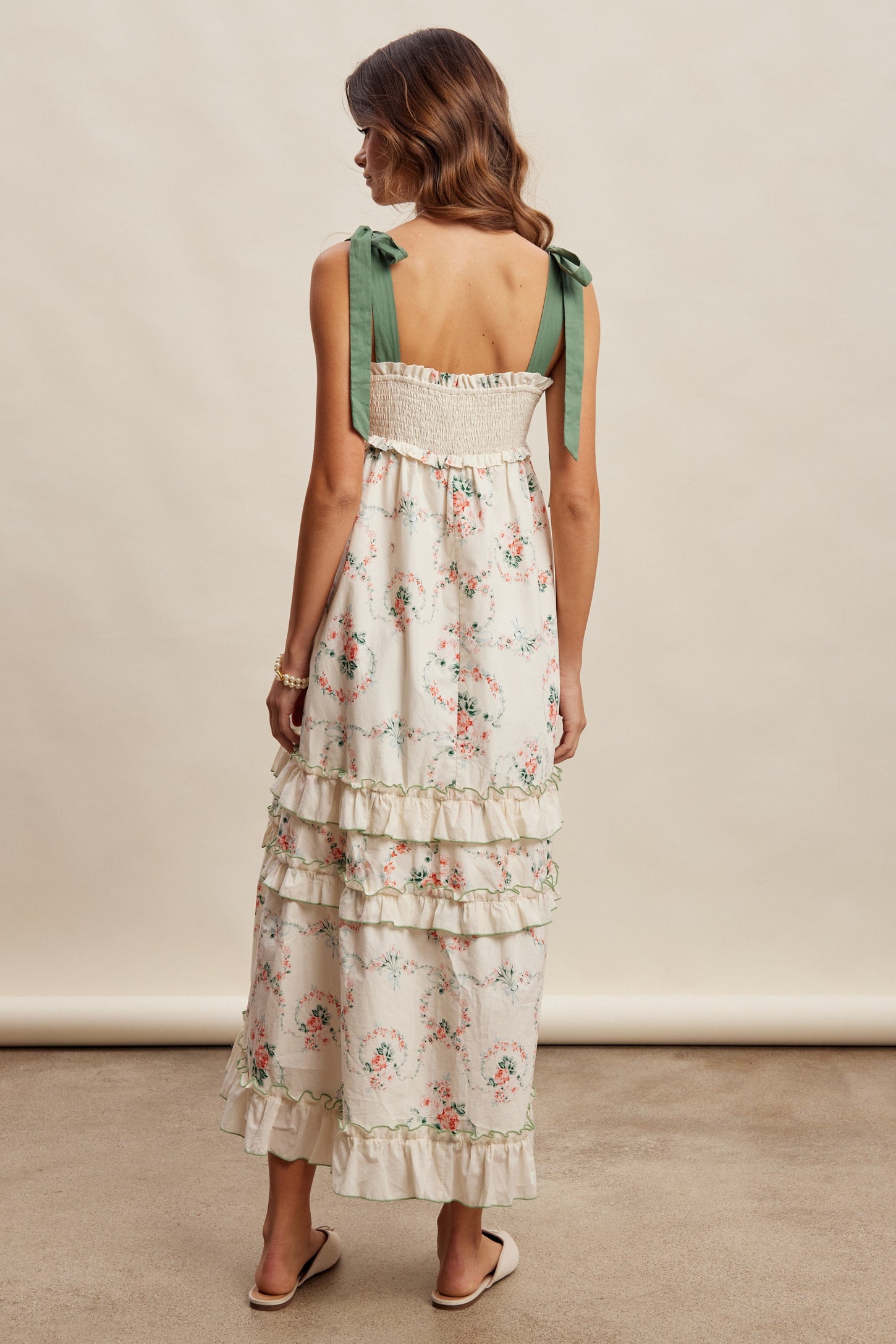 Ivory Floral Smocked Shoulder Tie Tiered Maxi Dress