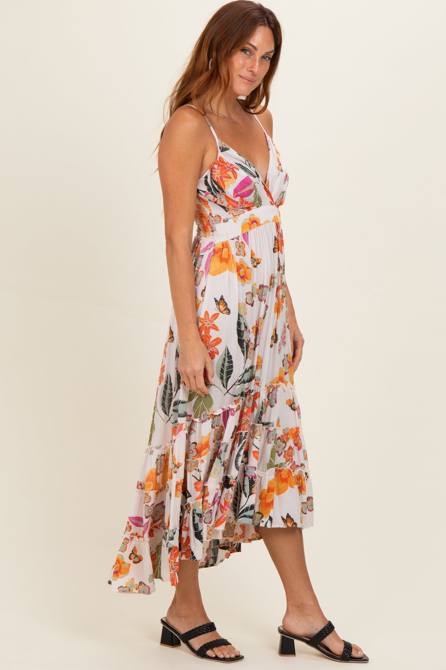 Ivory Floral V-Neck Tiered Hem Midi Dress