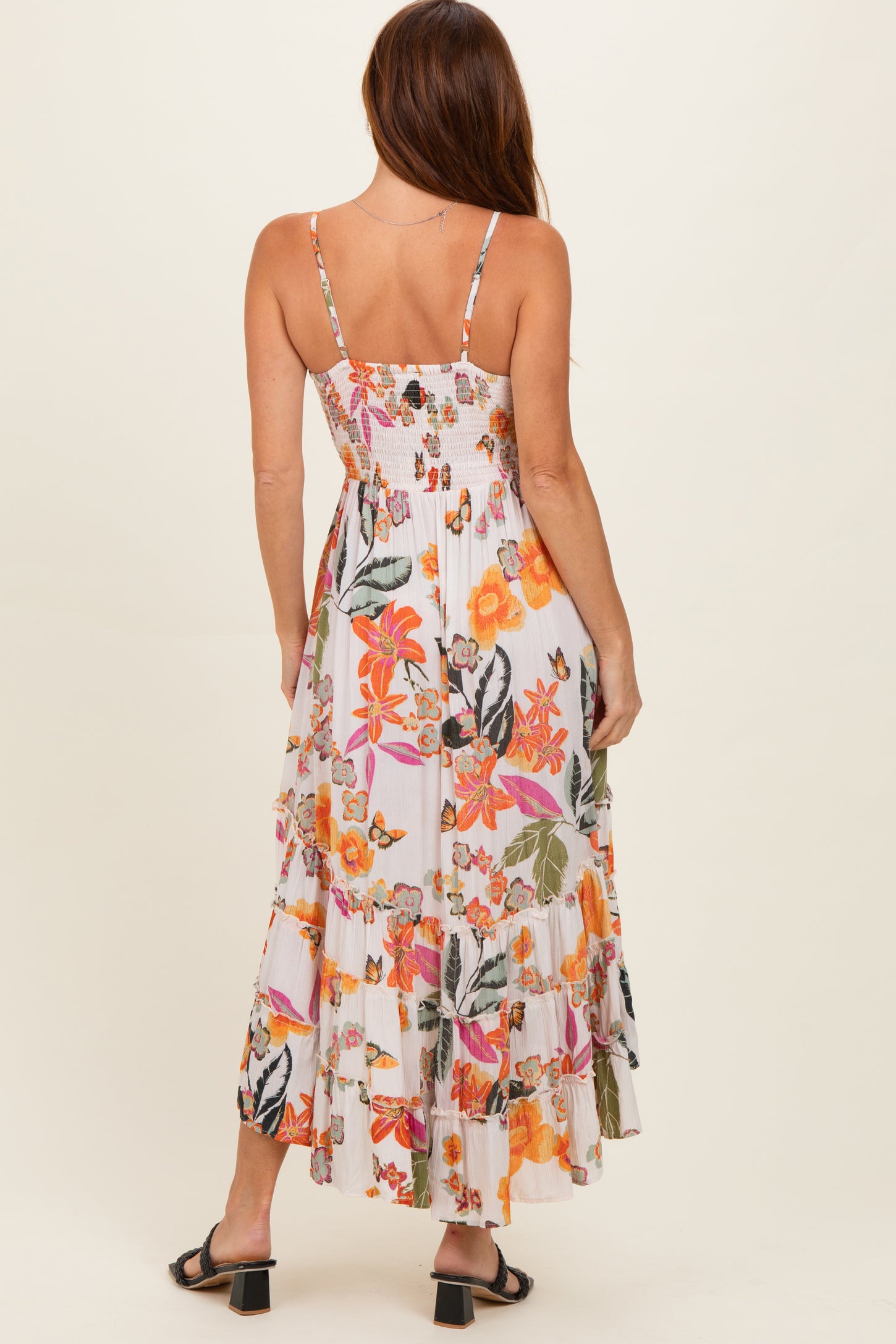 Ivory Floral V-Neck Tiered Hem Midi Dress