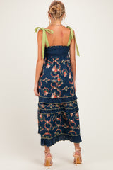 Navy Floral Smocked Shoulder Tie Tiered Maternity Maxi Dress