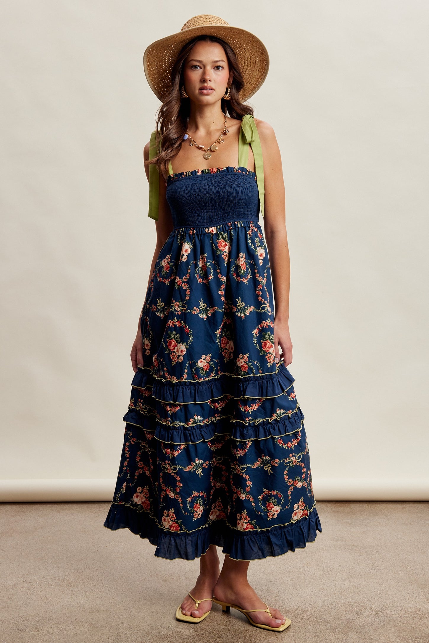 Navy Floral Smocked Shoulder Tie Tiered Maternity Maxi Dress