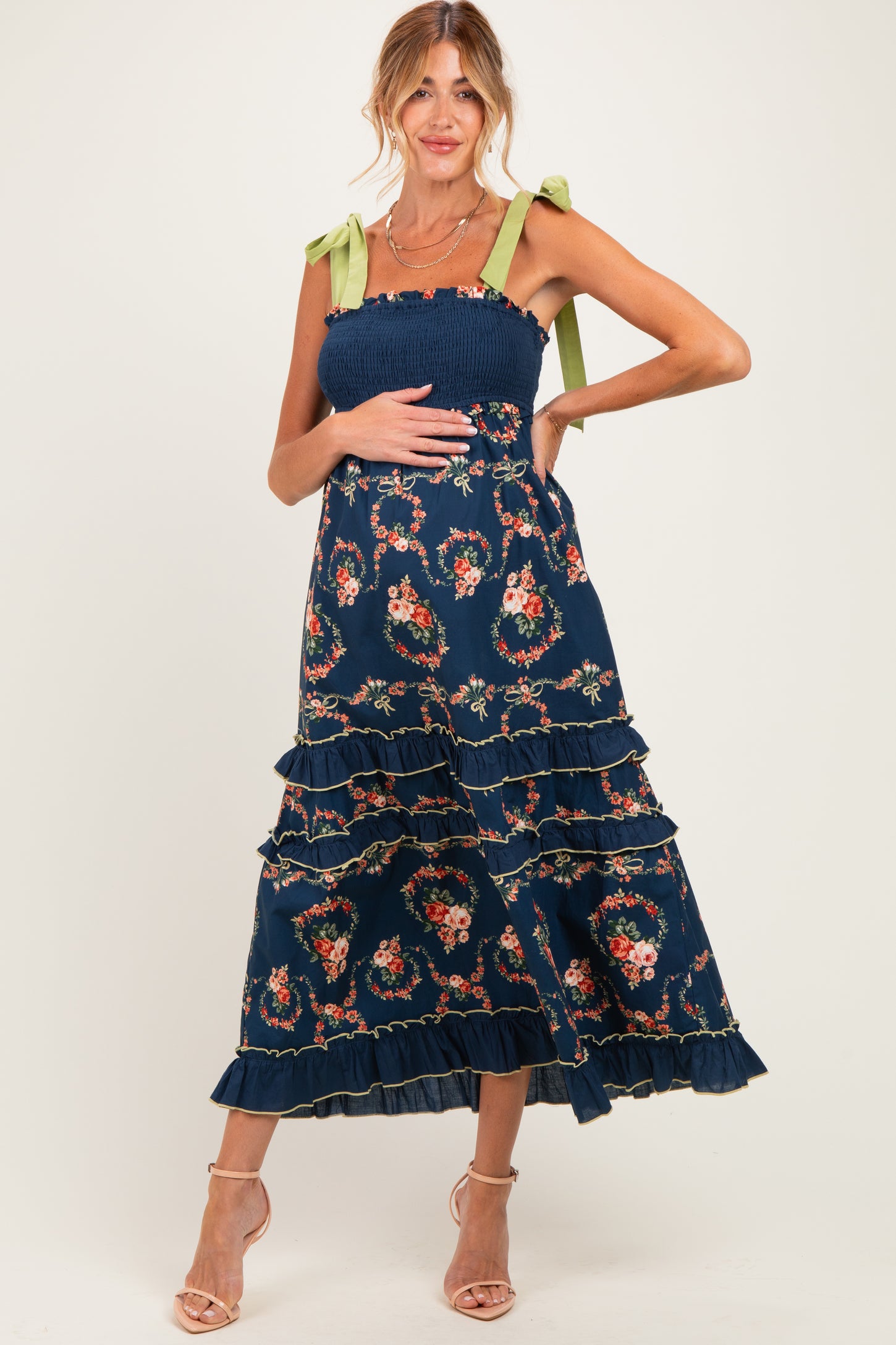 Navy Floral Smocked Shoulder Tie Tiered Maternity Maxi Dress