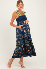 Navy Floral Smocked Shoulder Tie Tiered Maternity Maxi Dress