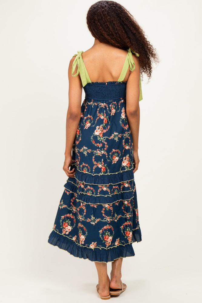 Navy Floral Smocked Shoulder Tie Tiered Maxi Dress