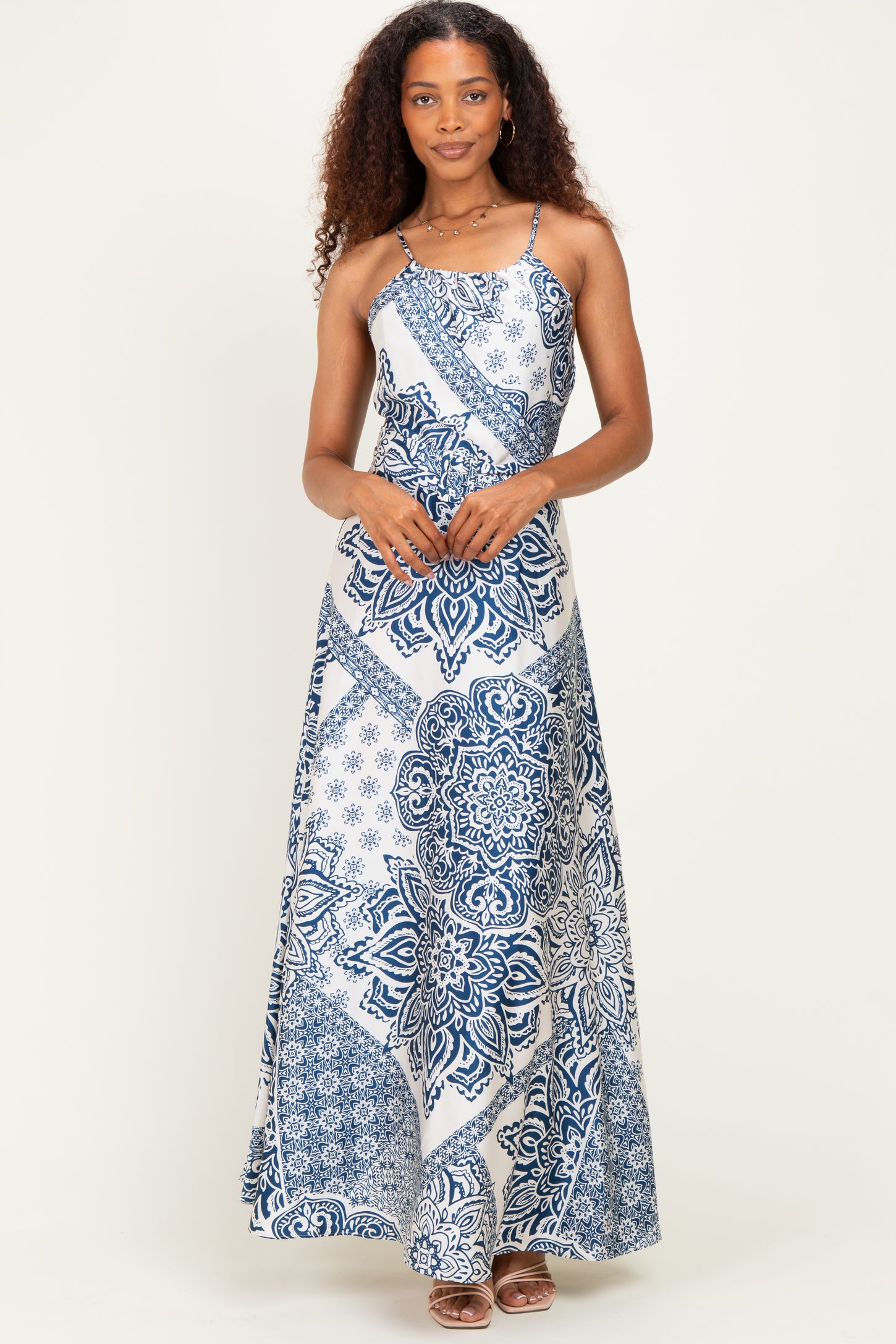 Navy Satin Floral Crossback Maxi Dress