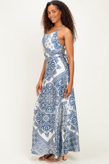 Navy Satin Floral Crossback Maxi Dress