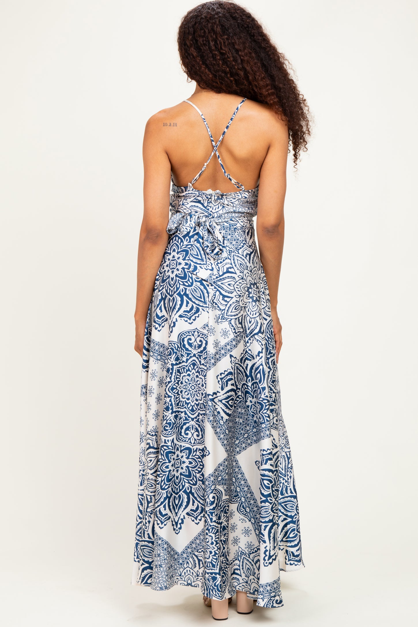 Navy Satin Floral Crossback Maxi Dress