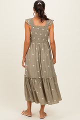 Olive Embroidered Ruffle Strap Smocked Maxi Dress